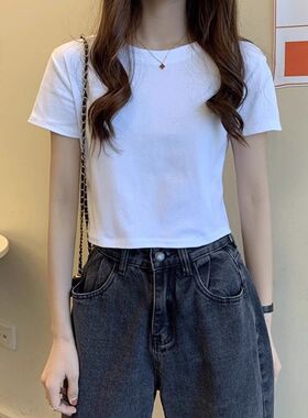 纯棉修身短款显瘦黑色短袖T恤女2026夏季新款外穿打底衫辣妹上衣