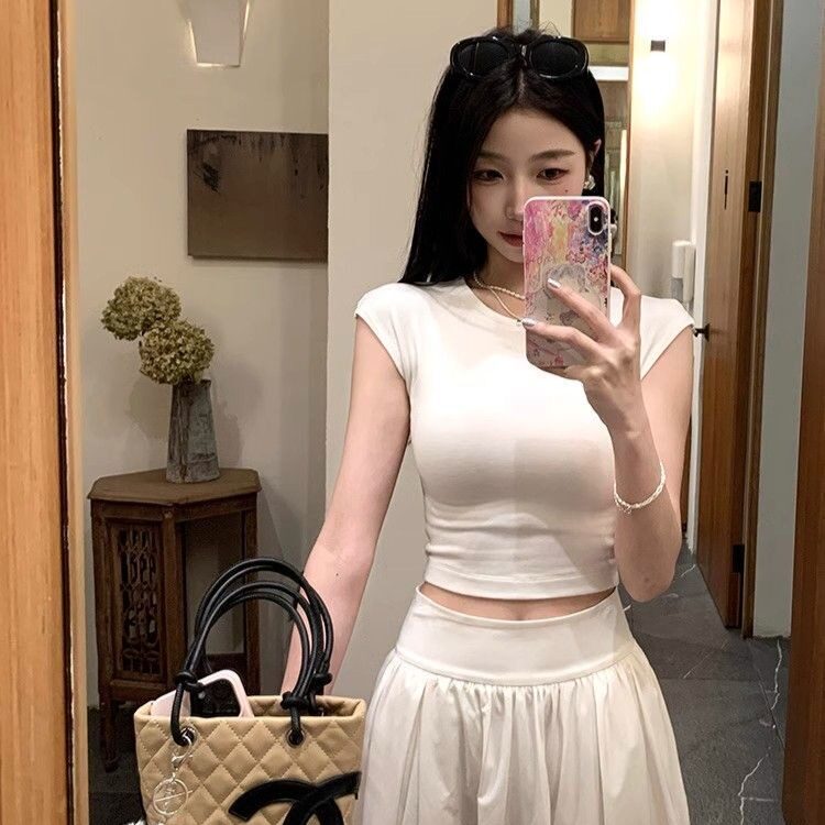 2026夏季新款韩版白色圆领短款正肩T恤女百搭修身显瘦短袖上衣