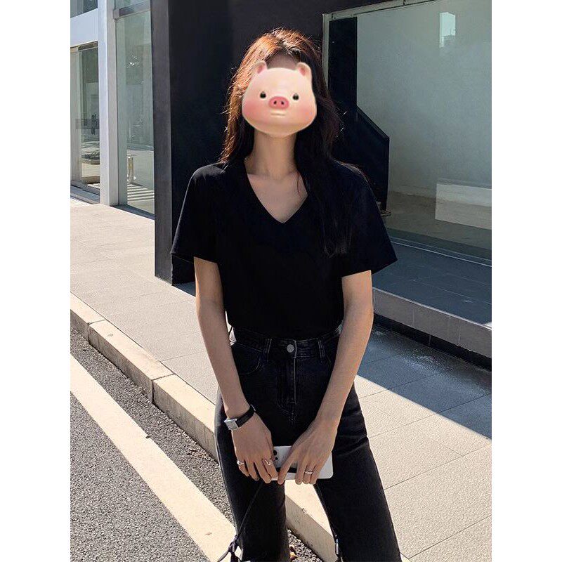 夏季新款纯棉重磅宽松2026短袖T恤女显瘦V领简约学生打底衫上衣潮