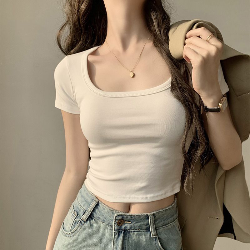 纯棉短款辣妹打底上衣女夏季新U领修身显瘦小个子露脐短袖T恤女潮