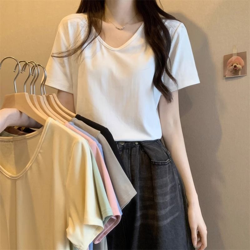 重磅纯棉正肩宽松v领短袖T恤女夏季新款学生休闲慵懒风内搭上衣潮