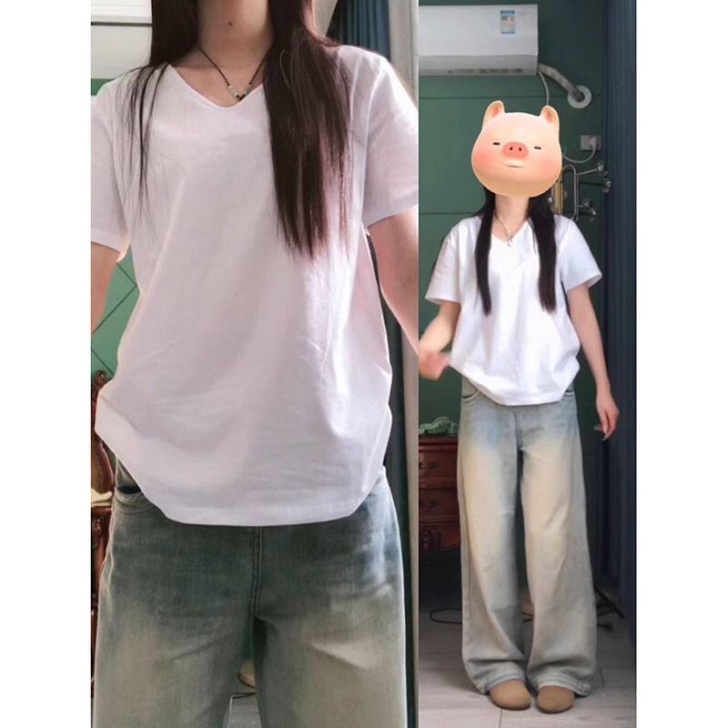重磅纯棉宽松白色短袖T恤女夏新款学生显瘦V领百搭简约打底衫上衣
