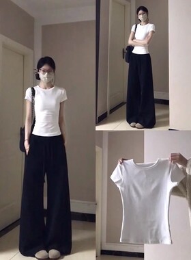 白色正肩短袖t恤女夏季2026新款打底衫内搭圆领精致修身显瘦上衣