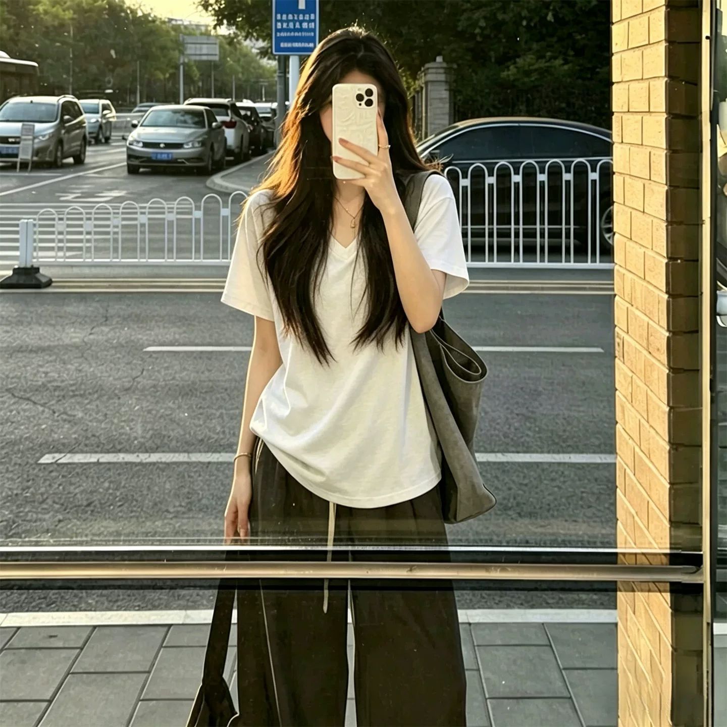 正肩V领纯色短袖T恤女夏韩版宽松显瘦半袖上衣简约百搭休闲体恤衫
