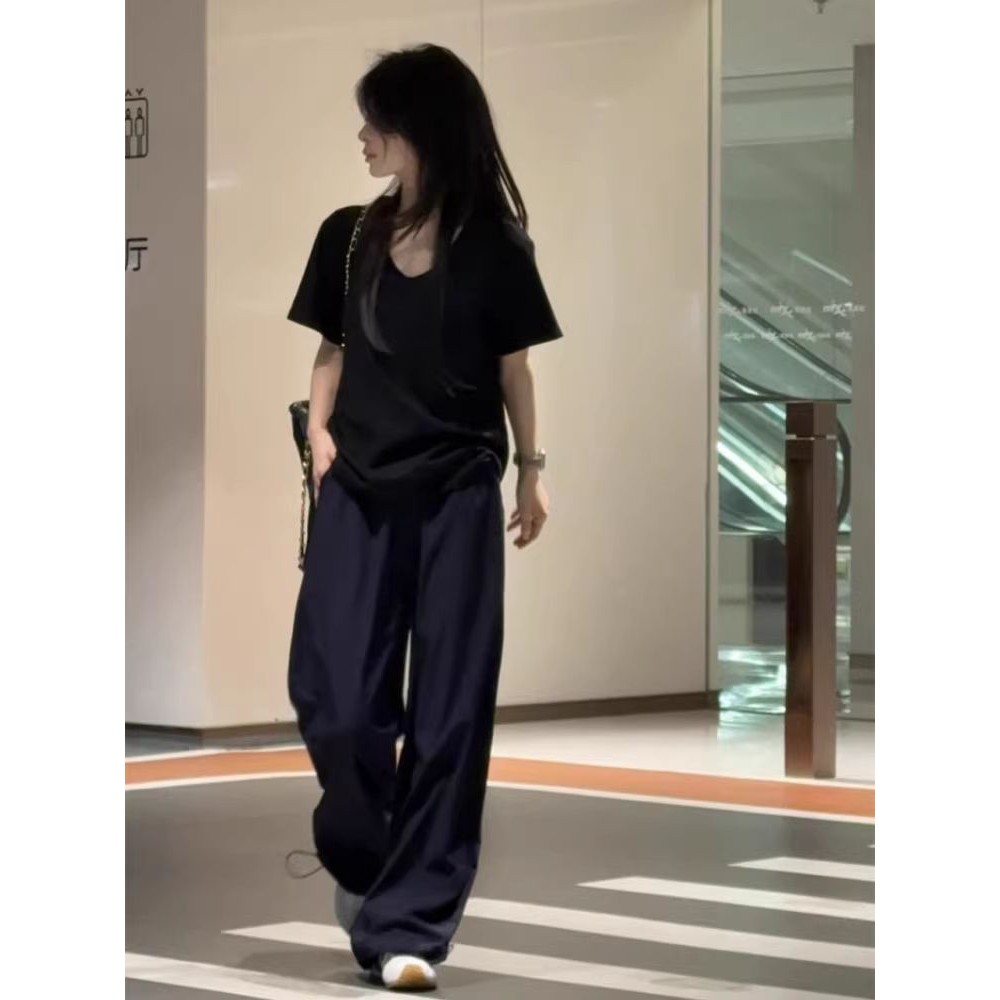 韩系慵懒黑色V领正肩短袖t恤女2026新款夏季宽松显瘦纯棉重磅上衣
