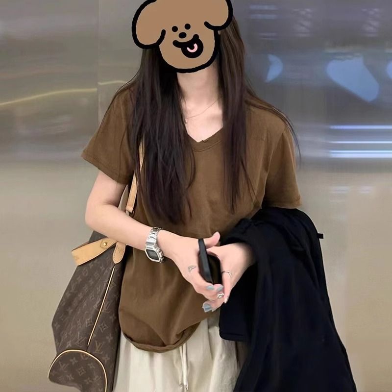 重磅纯棉正肩V领2026春夏季短袖T恤女宽松显瘦慵懒风内搭外穿上衣