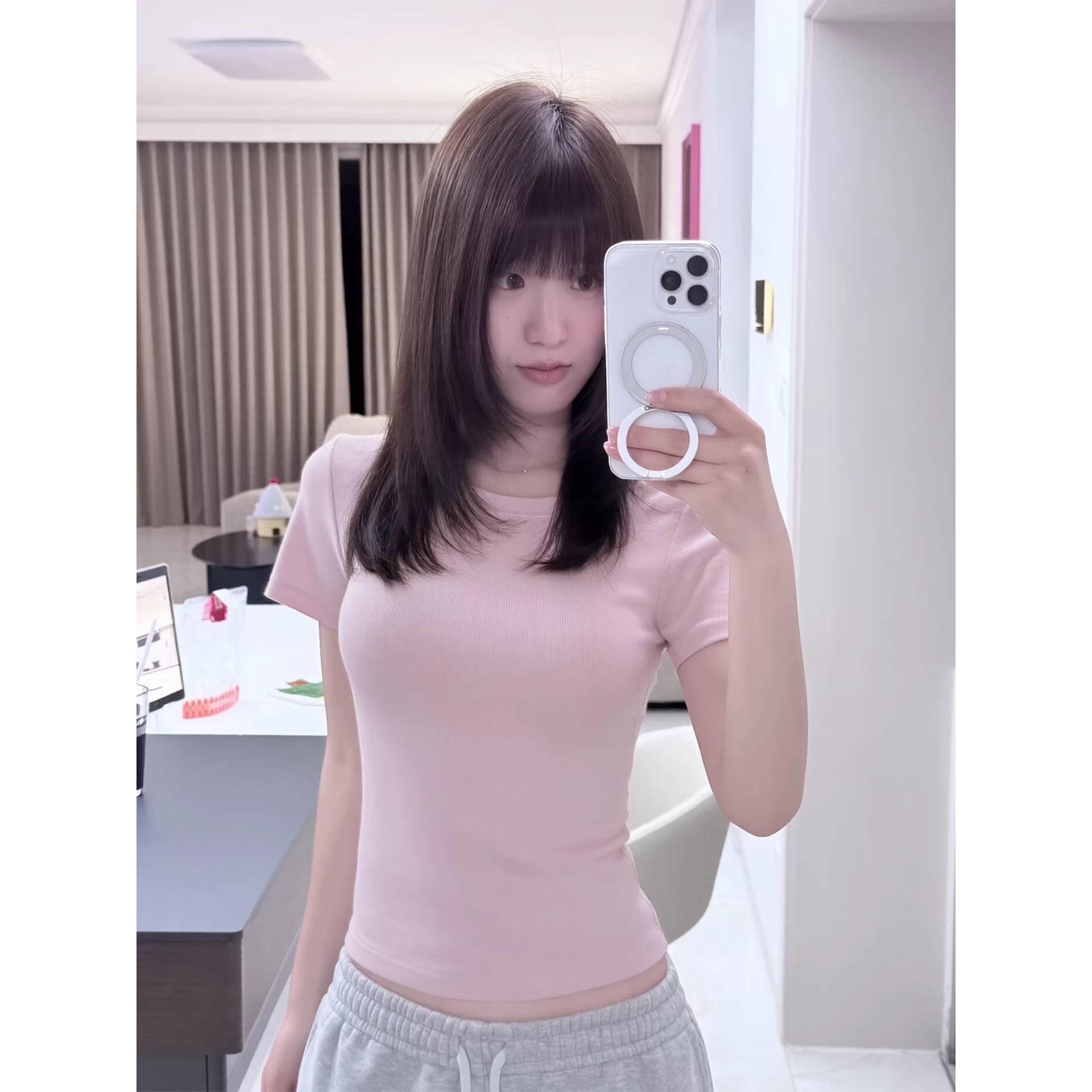 粉色短袖t恤女2026新款夏季小众正肩纯棉打底衫短款修身内搭上衣