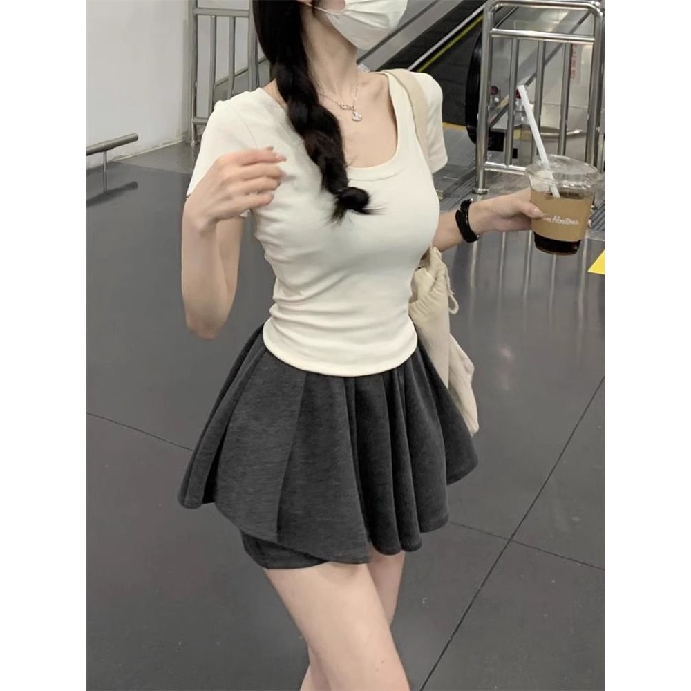 纯棉短款甜辣妹上衣女2026夏季新款U领学生修身显瘦小个子短袖T恤