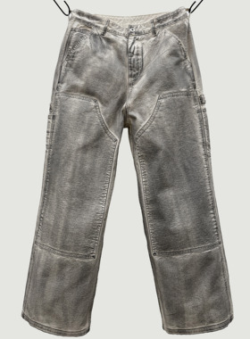 Oxycodone/14OZ高密珠帆布纯手工刷漆水洗做旧阔腿直筒双膝伐木裤