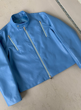 Oxycodone/进口松石蓝超纤植物蛋白皮三拉链立领设计短宽版型皮衣