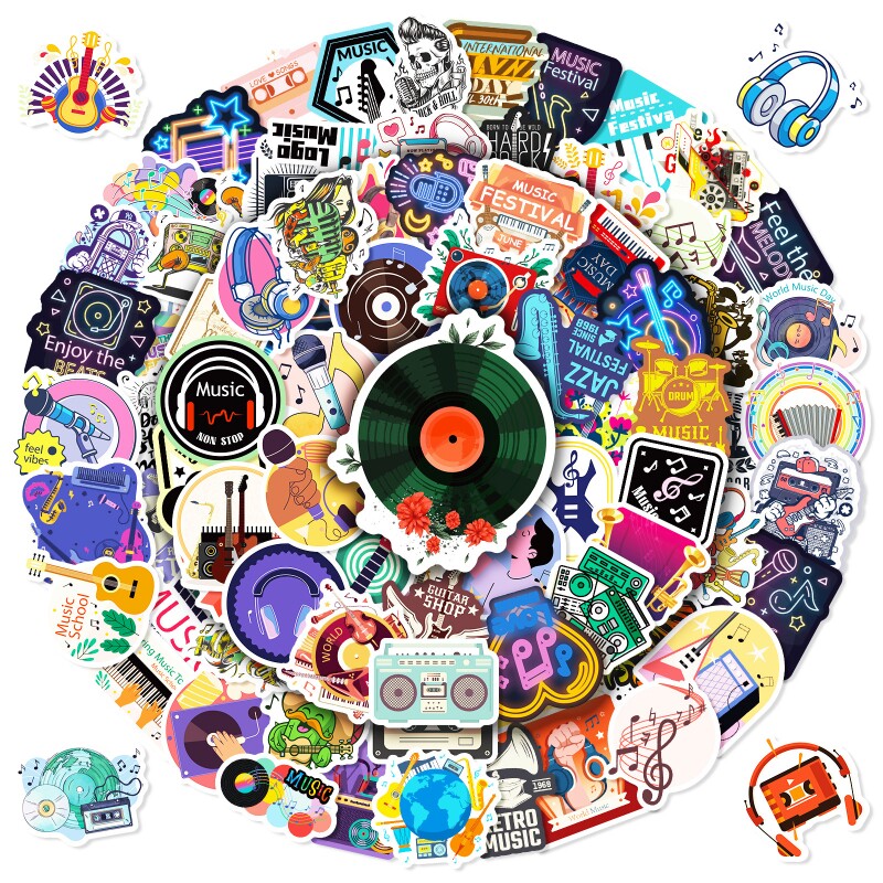 100张音乐贴纸TEMU音乐符号个性跨境卡通创意吉他音乐爱好者贴纸
