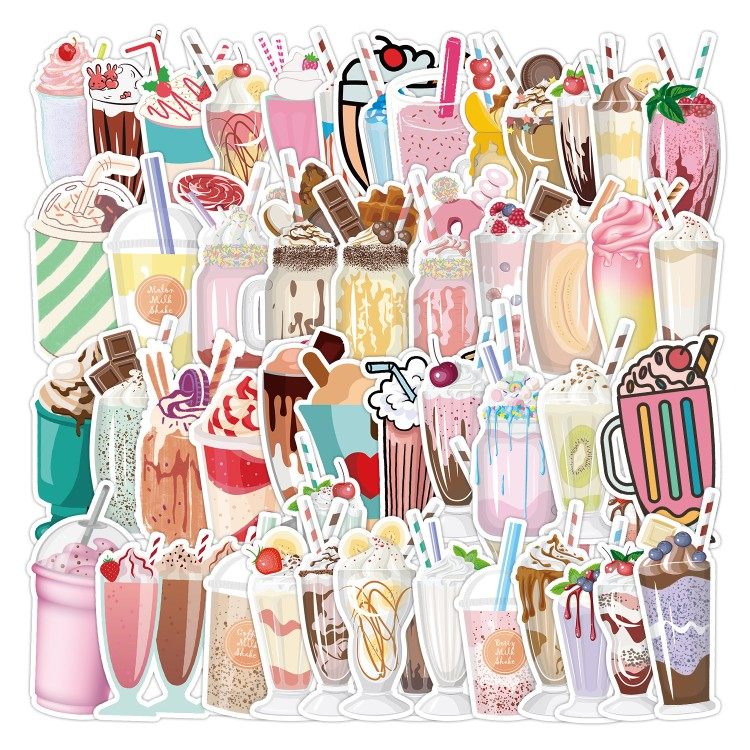 50张水彩色奶昔卡通涂鸦饮料贴纸笔记本水杯手机壳行李箱防水装饰