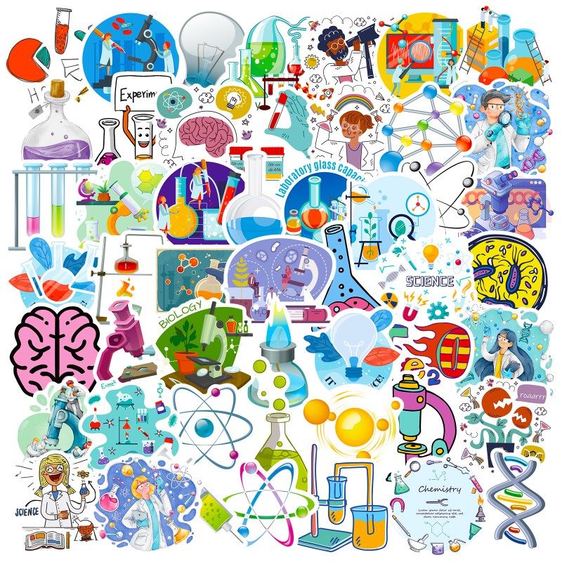 50张化学科学实验试管烧杯卡通手绘贴纸手机壳水杯笔记本防水装饰