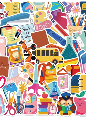 50张Back to school学习用品卡通涂鸦贴纸笔记本手机壳水杯装饰