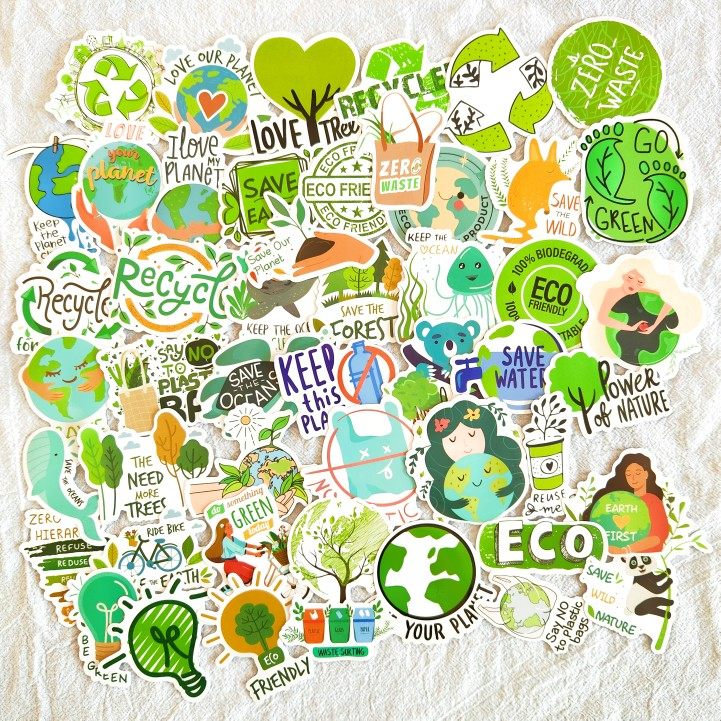 50张新款绿色环保爱护地球手绘卡通贴纸笔记本手机壳水杯防水装饰