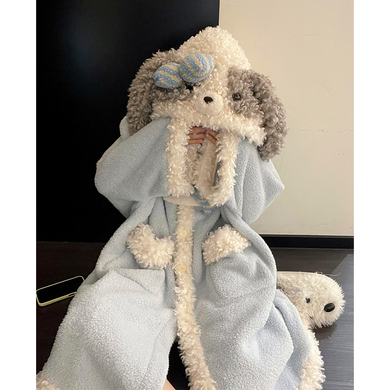 可爱垂耳小狗睡衣女秋冬款加厚珊瑚绒保暖睡袍冬天舒适家居服套装