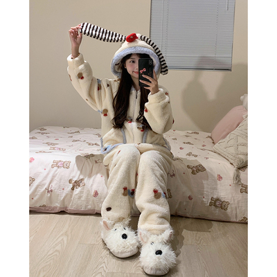 可爱腊肠狗睡衣女秋冬珊瑚绒2025新款保暖连帽加厚冬天家居服套装