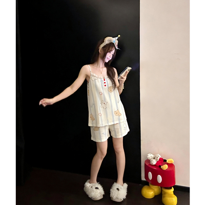 吊带可爱条纹少女睡衣夏季短裤纯棉2026新款纯欲风夏天家居服套装