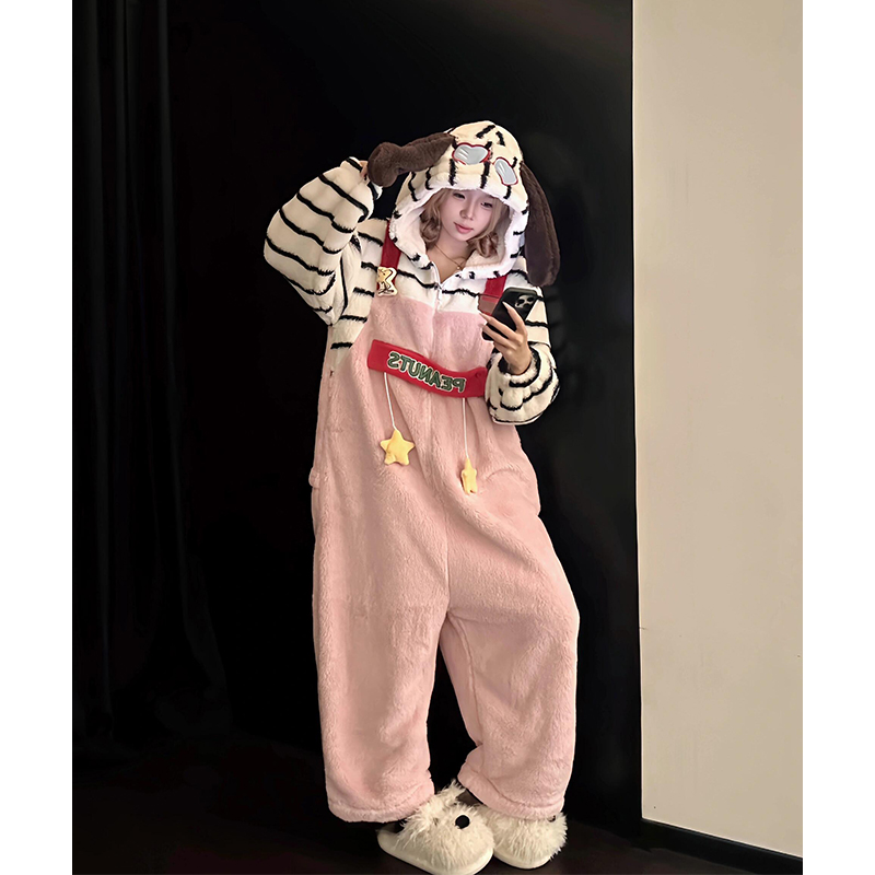 连体一体式睡衣女秋冬珊瑚绒加厚可爱卡通舒适感帕恰狗连帽家居服