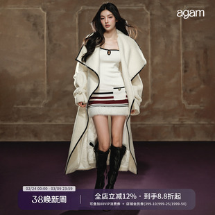 AGAM 高品质720g重磅呢面料翻领长款大衣+条纹撞色吊带连衣裙套装