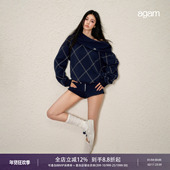 AGAM 套装 原创藏蓝色一字肩斜领露肩卫衣撞色菱格米粒绣上衣 短裤