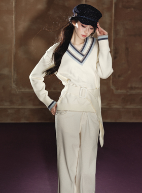 AGAM 慵懒休闲感毛衣撞色双V领毛衣可调节腰带显瘦收腰毛织上衣女