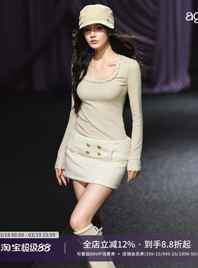 AGAM 富家千金小香风织带方领针织衫女秋季新款显瘦百搭打底上衣