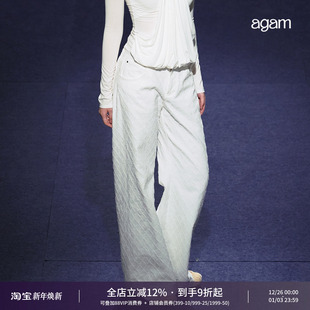 菱形格子百搭阔腿直筒裤 AGAM 宽腰头双排扣牛仔长裤