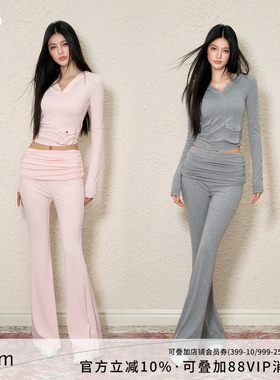 AGAM 早春V领连帽休闲软糯长袖上衣+假两件抽褶微喇裤套装