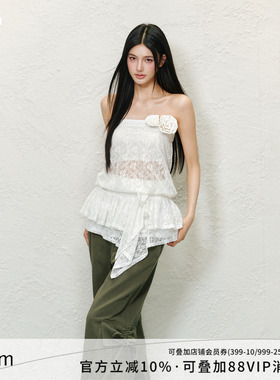 AGAM 原创立体花朵设计半透蕾丝抹胸连衣裙收腰系带短款蛋糕裙女