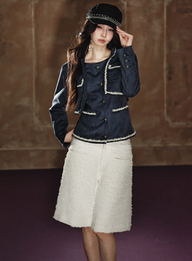 AGAM 千金气质感麂皮优雅贵气花边设计短款外套搭收腰马甲两件套