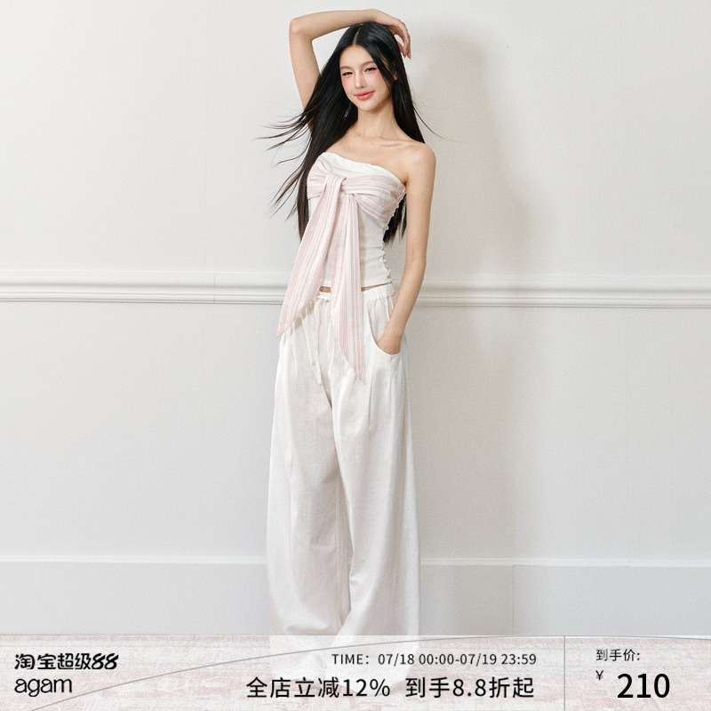 AGAM亚麻感条纹绑带抹胸