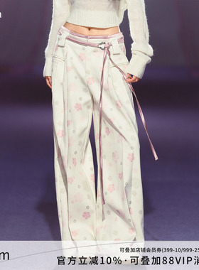 AGAM 原创艺术感花朵印花缎面垂顺西裤 显瘦挺括抽绳阔腿休闲长裤