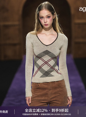 AGAM 复古格纹撞色修身针织打底衫 设计感质感长袖毛衣
