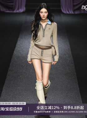 AGAM 撞色金扣飘带翻领polo绑带毛衣 桃心短裤套装