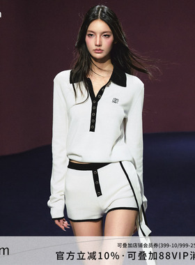 AGAM 中古风黑白撞色飘带polo绑带毛衣 桃心短裤套装