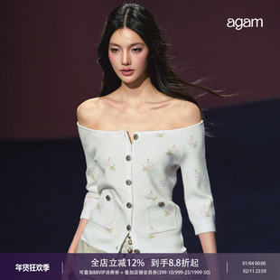 AGAM 原创碎花图案一字肩马赛克毛织上衣