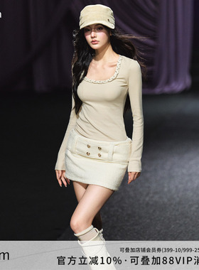 AGAM 富家千金小香风织带方领针织衫女秋季新款显瘦百搭打底上衣