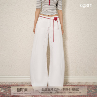 女 条纹玫瑰腰带显瘦牛仔裤 AGAM 原创设计白色百搭明线撞色弯刀裤