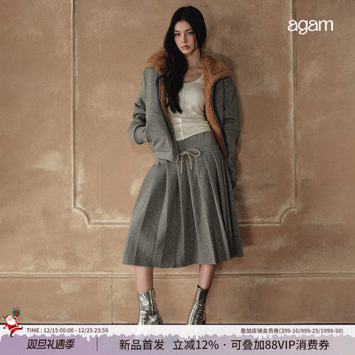 AGAM 秋冬慵懒学院风高克重羊羔绒卫衣外套+百褶裙半身裙套装