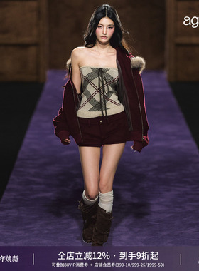AGAM 复古红色格纹羊毛抹胸冬季新款内搭针织背心纯欲打底小上衣