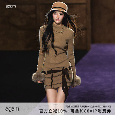 AGAM毛毛袖口高领针织连衣裙女