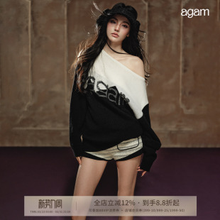 AGAM 软糯亲肤35%羊毛黑白撞色宽松慵懒感一字肩设计感毛衣女
