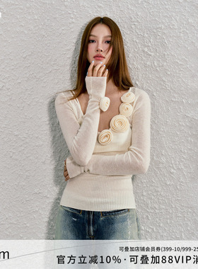 AGAM 原创立体玫瑰花朵设计天丝羊毛针织半透长袖上衣