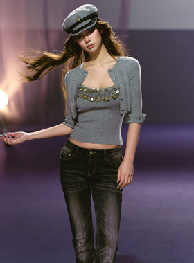 AGAM 重工手缝珠片吊带上衣修身显瘦外针织开衫防晒中袖上衣套装