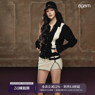 AGAM 经典小香黑白配色复古慵懒感百搭宽松毛衣 腰带设计短裙套装