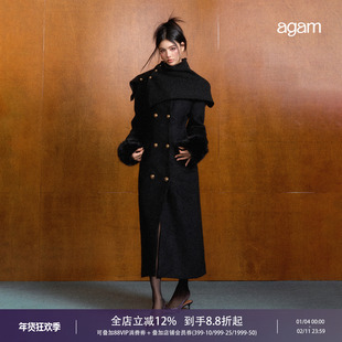 AGAM 冬季长款可拆皮草收腰修身留洋千金羊毛毛呢大衣+毛织围脖