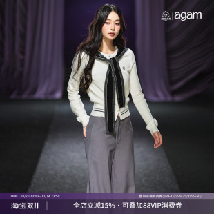 新款 AGAM 女秋季 披肩针织衫 显瘦减龄休闲上衣 miu系撞色圆领修身