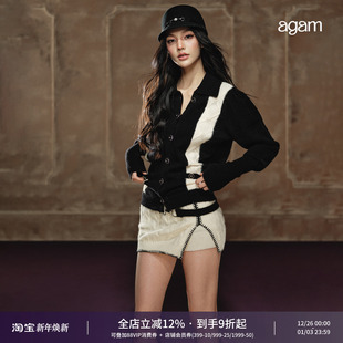 腰带设计短裙套装 小香黑白配色复古慵懒感百搭宽松毛衣 经典 AGAM