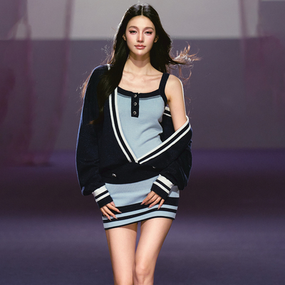 【3.4开售】AGAM 慵懒时髦学院风收腰吊带连衣裙＋大V领罩衫套装